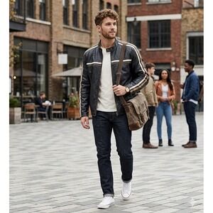 Arizona Jean Co. Blk Faux Leather Racer Moto Jacket Cream Striped Distressed XLT